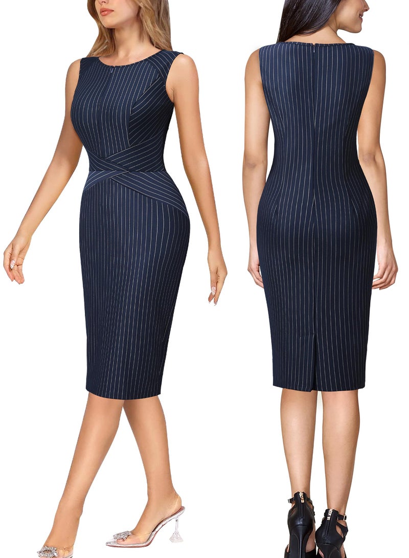 VFSHOW Womens Front Zipper Work Business Office Bodycon Dress Elegant Professional Career Church Party Pencil Sheath Dress (Blue and White Striped, Small) 2619 BLU S - Image 4